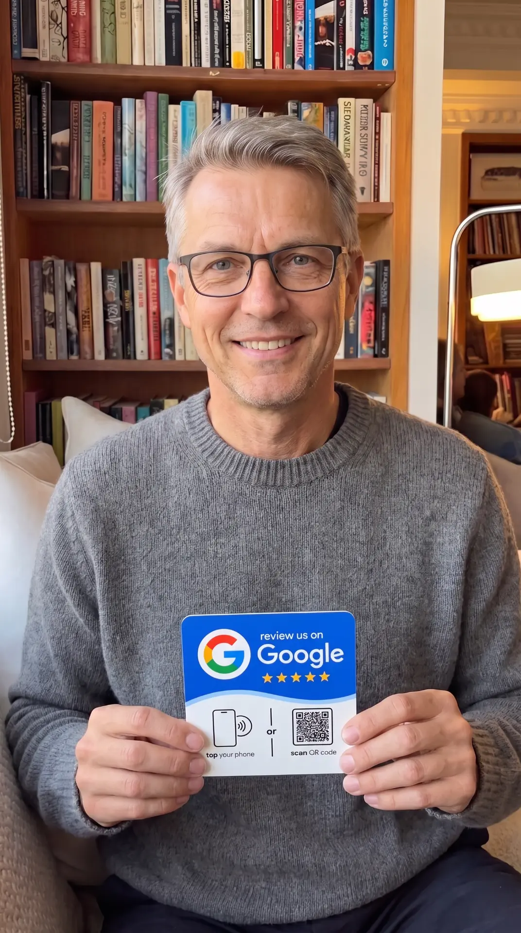 Business owner holding a Google review NFC sign